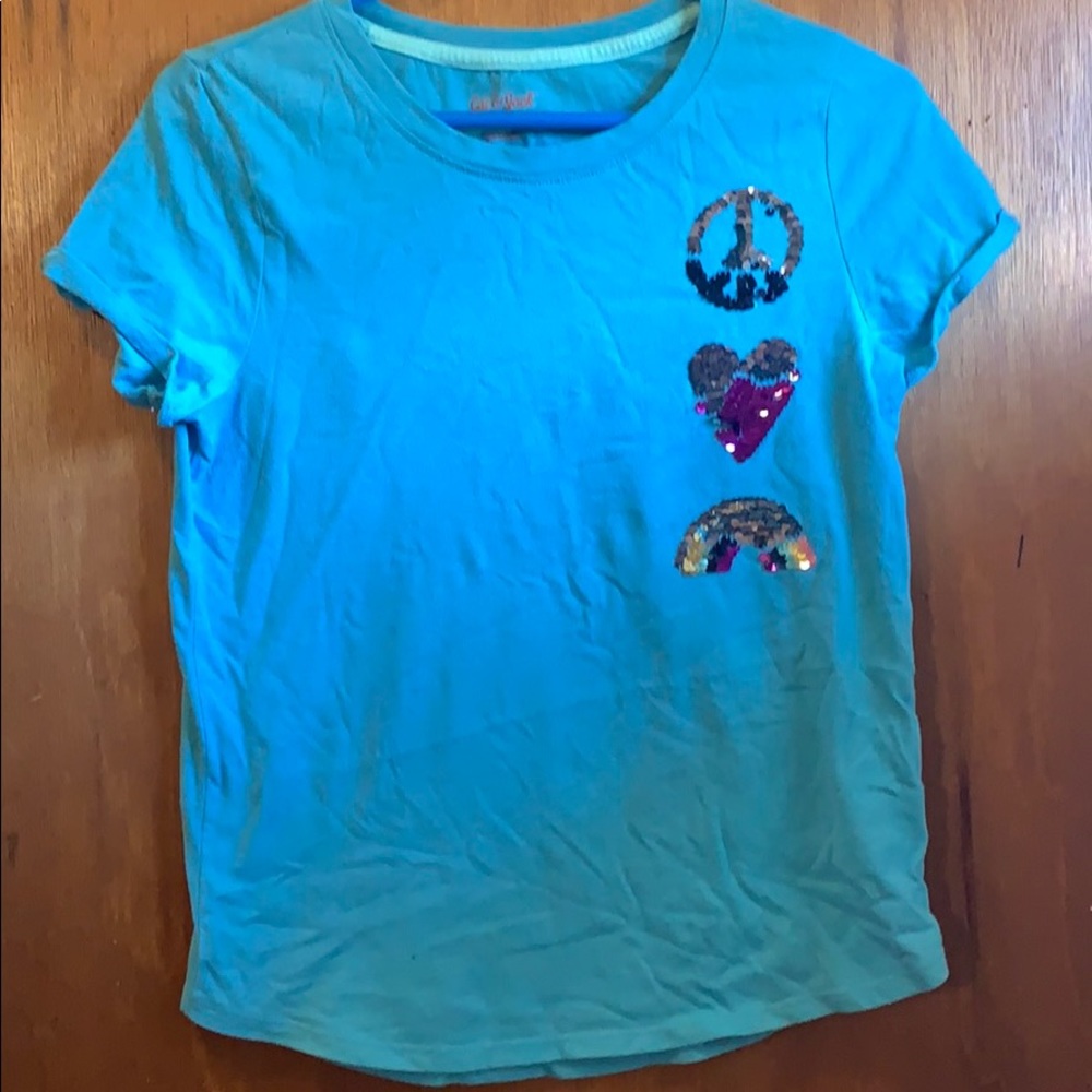 Girls shirt with sequinedrainbow, peace sign